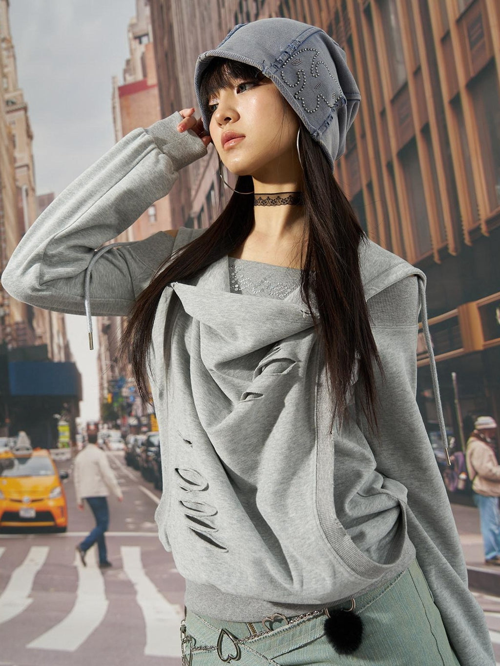 NextPassport MOF Gray Rhinestone Faux Layered Hooded Women's Cotton Long Sleeve T-shirts