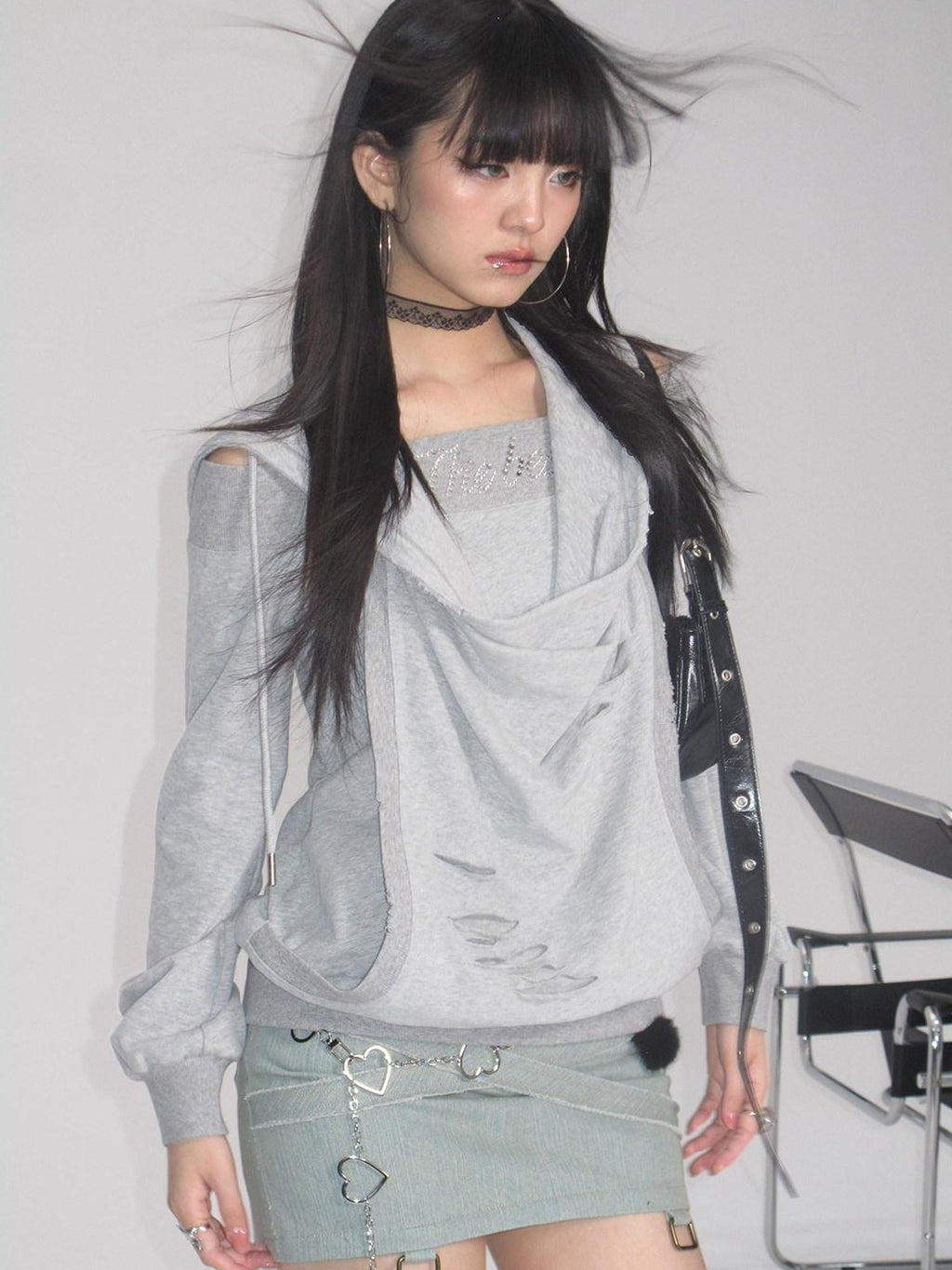 NextPassport MOF Gray Rhinestone Faux Layered Hooded Women's Cotton Long Sleeve T-shirts