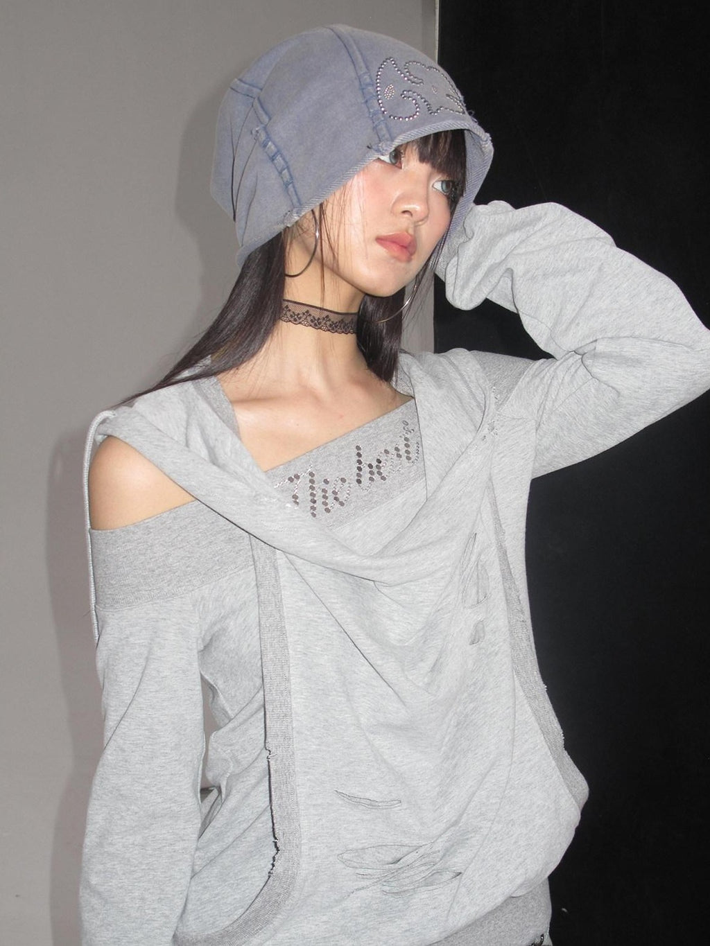 NextPassport MOF Gray Rhinestone Faux Layered Hooded Women's Cotton Long Sleeve T-shirts
