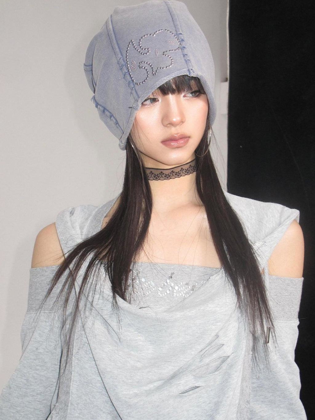 NextPassport MOF Gray Rhinestone Faux Layered Hooded Women's Cotton Long Sleeve T-shirts