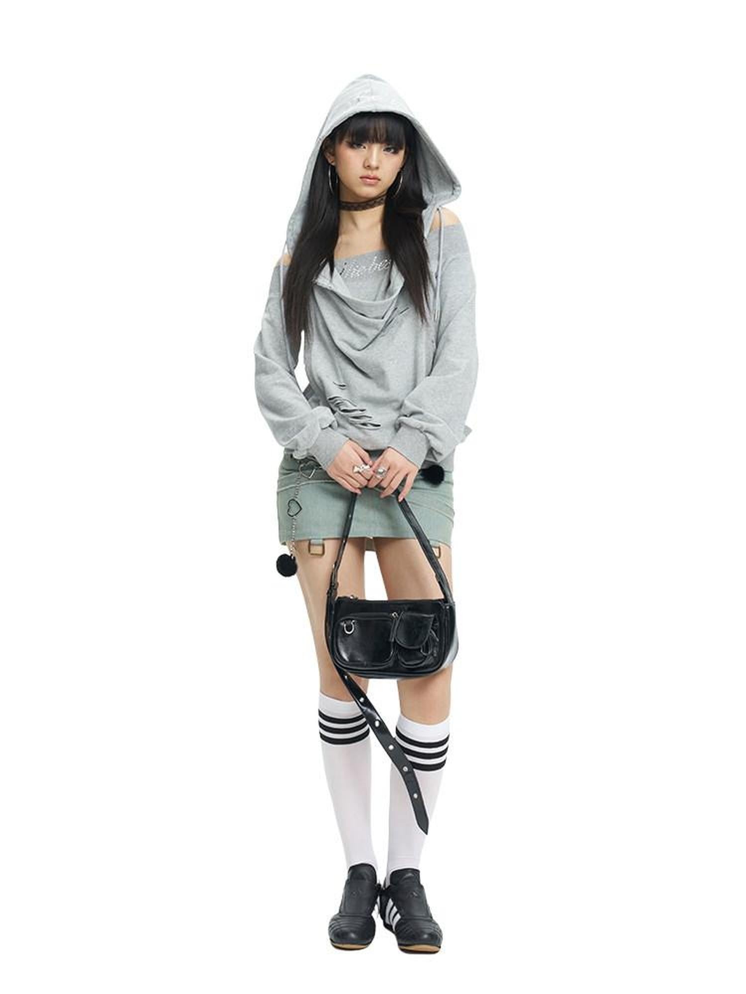 NextPassport MOF Gray Rhinestone Faux Layered Hooded Women's Cotton Long Sleeve T-shirts