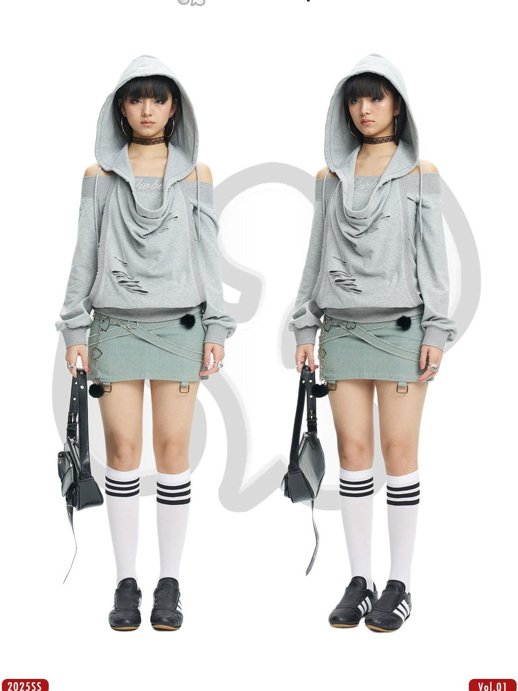 NextPassport MOF Gray Rhinestone Faux Layered Hooded Women's Cotton Long Sleeve T-shirts