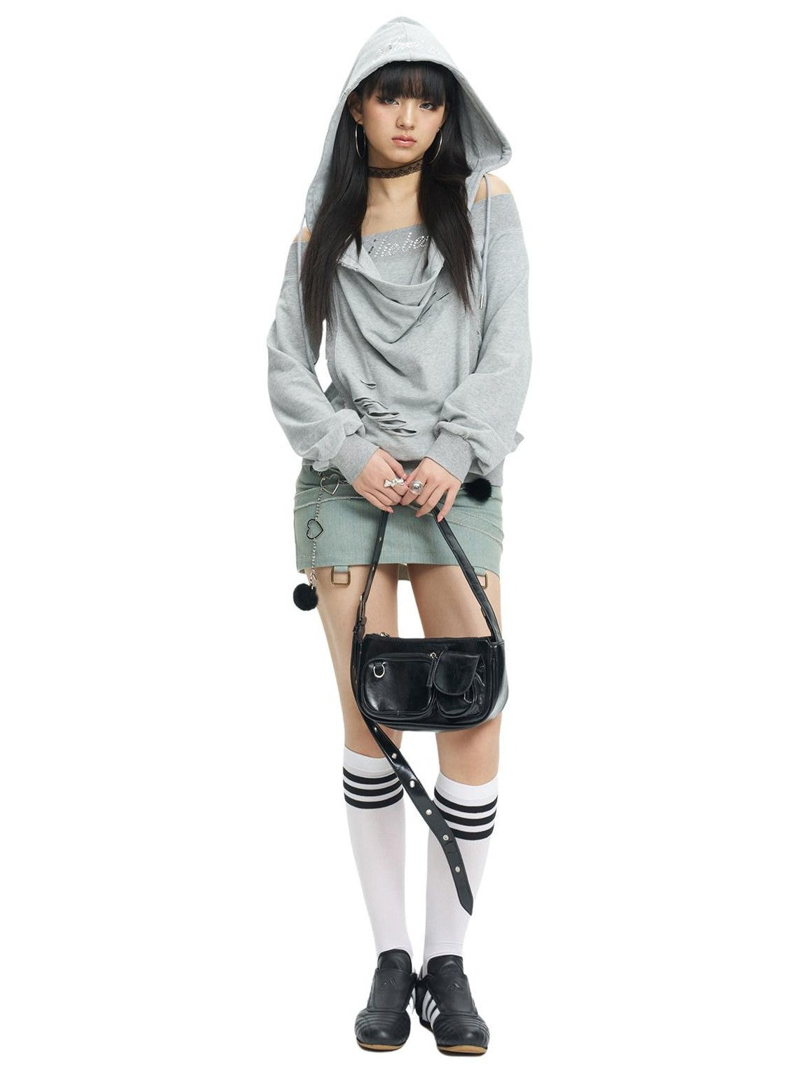 NextPassport MOF Gray Rhinestone Faux Layered Hooded Women's Cotton Long Sleeve T-shirts