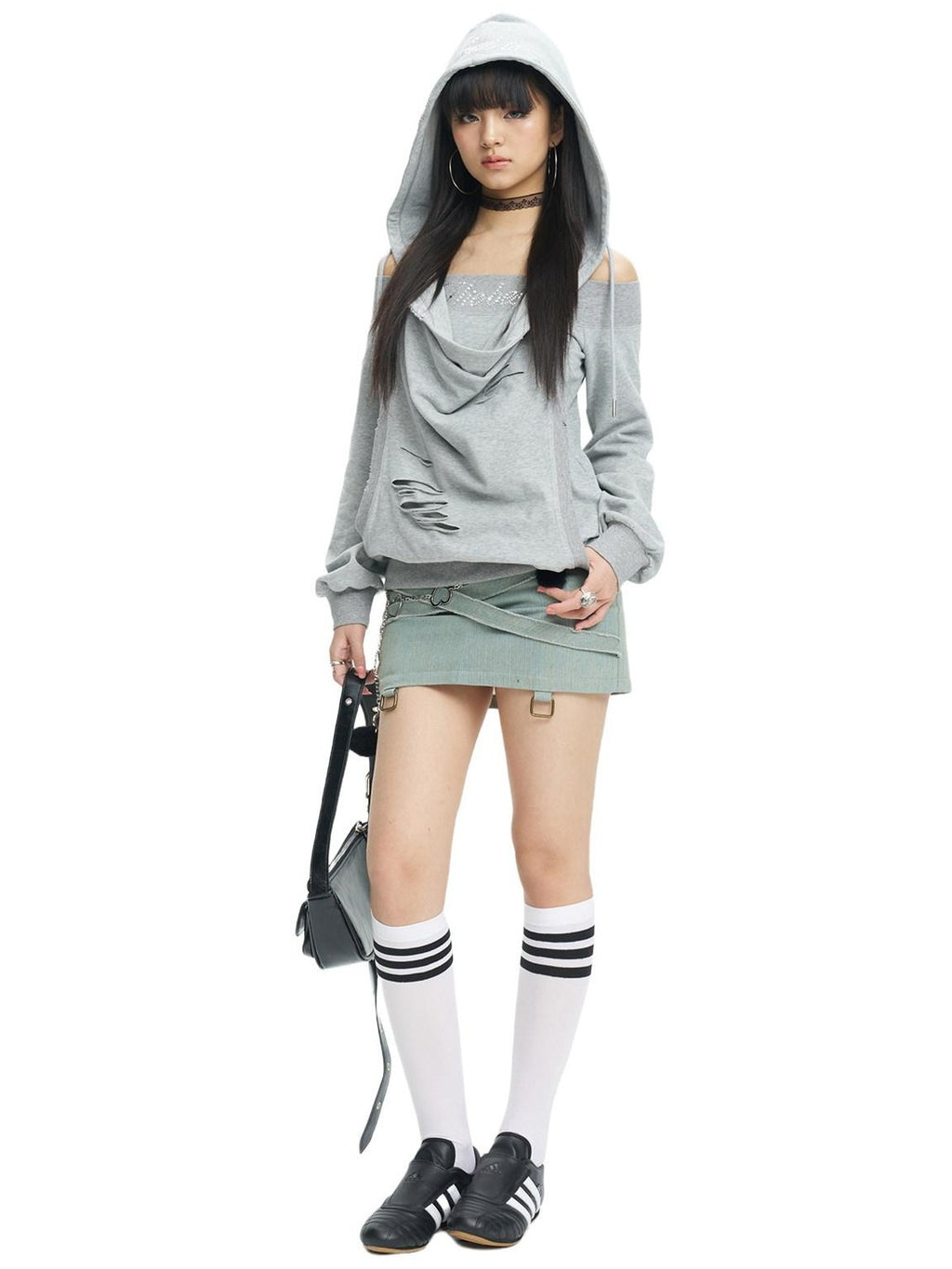 NextPassport MOF Gray Rhinestone Faux Layered Hooded Women's Cotton Long Sleeve T-shirts
