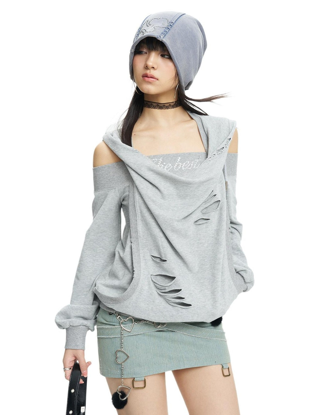 NextPassport MOF Gray Rhinestone Faux Layered Hooded Women's Cotton Long Sleeve T-shirts