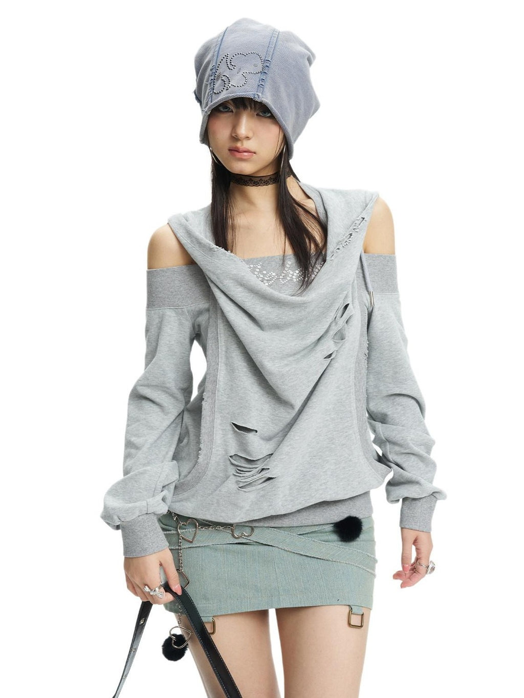 NextPassport MOF Gray Rhinestone Faux Layered Hooded Women's Cotton Long Sleeve T-shirts