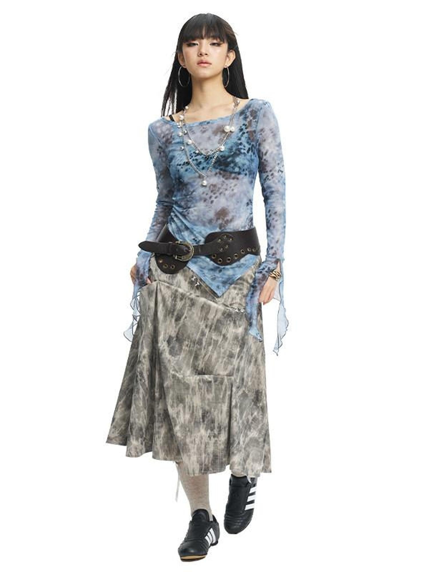 NextPassport MOF Gray Ruched Textured Print A Line Women's Polyester Maxi Skirts