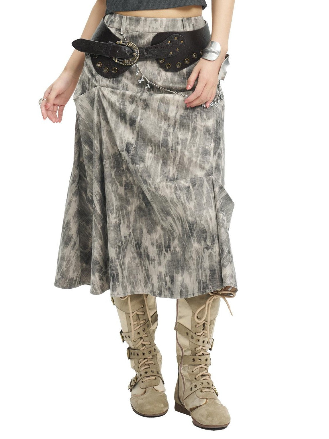NextPassport MOF Gray Ruched Textured Print A Line Women's Polyester Maxi Skirts