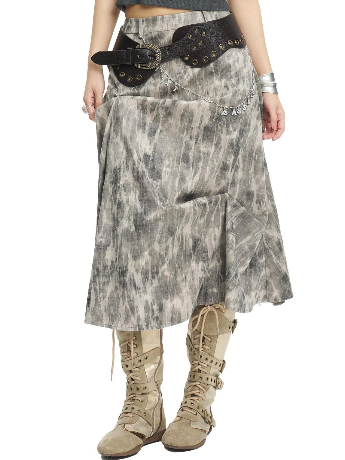 NextPassport MOF Gray Ruched Textured Print A Line Women's Polyester Maxi Skirts
