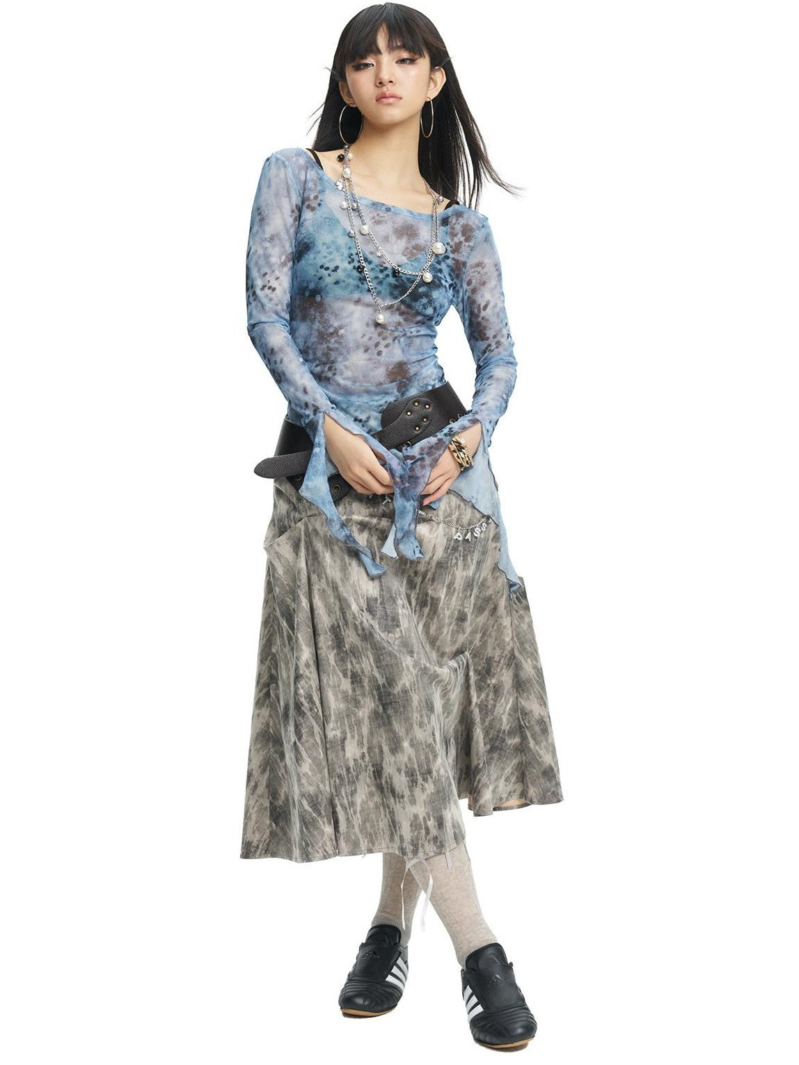 NextPassport MOF Gray Ruched Textured Print A Line Women's Polyester Maxi Skirts