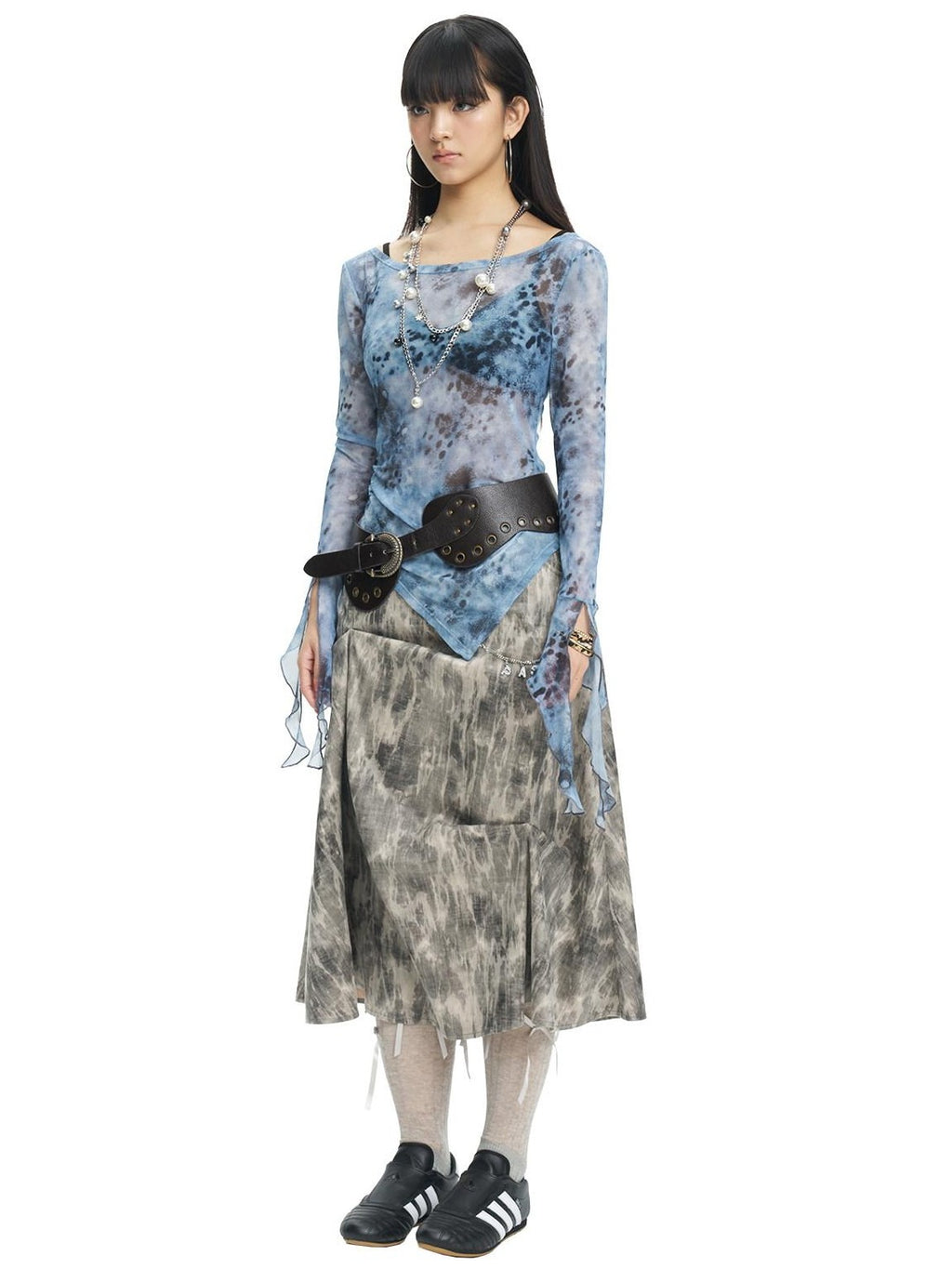 NextPassport MOF Gray Ruched Textured Print A Line Women's Polyester Maxi Skirts