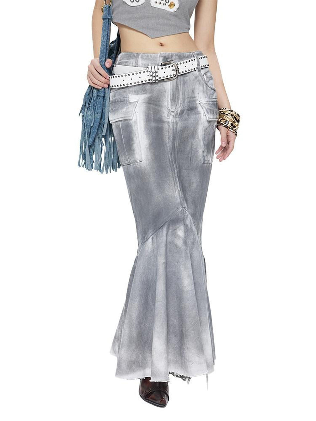 NextPassport MOF Gray Vintage Distressed Washed Fishtail Long Women's Mermaid Skirts