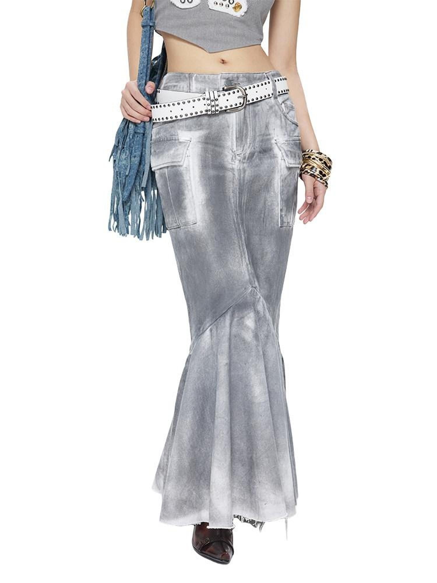 NextPassport MOF Gray Vintage Distressed Washed Fishtail Long Women's Mermaid Skirts