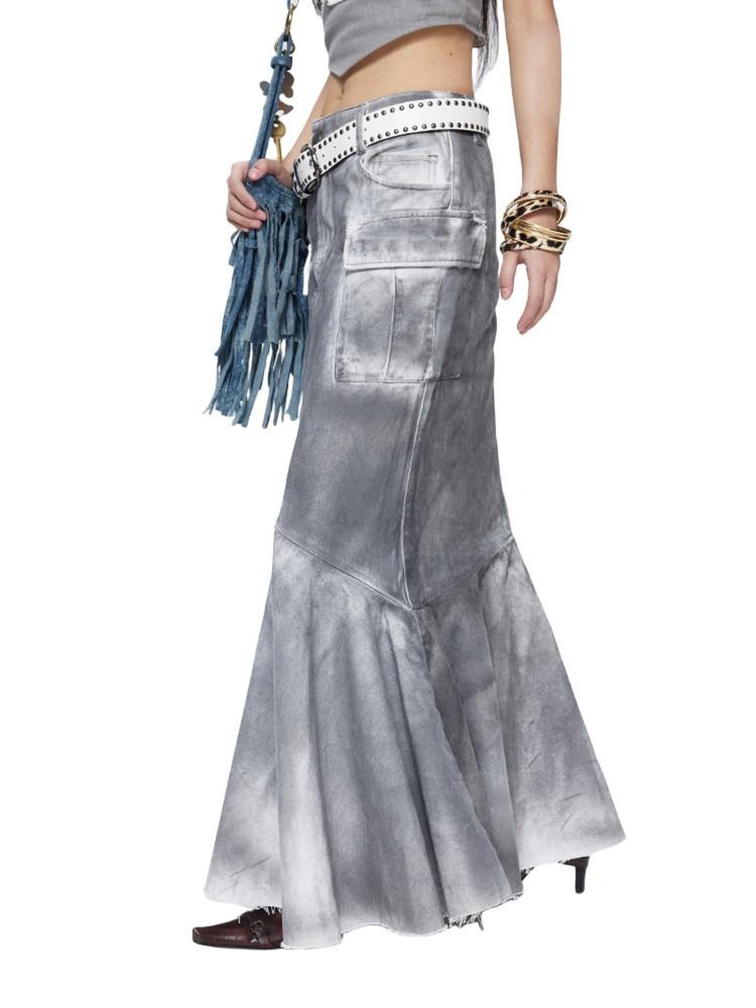 NextPassport MOF Gray Vintage Distressed Washed Fishtail Long Women's Mermaid Skirts