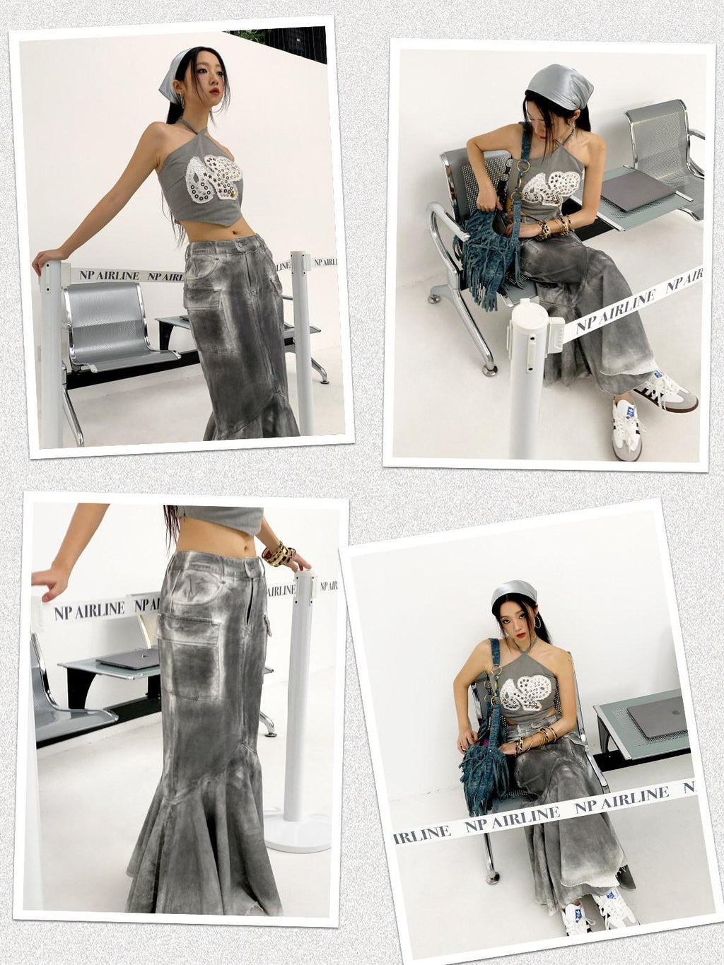 NextPassport MOF Gray Vintage Distressed Washed Fishtail Long Women's Mermaid Skirts