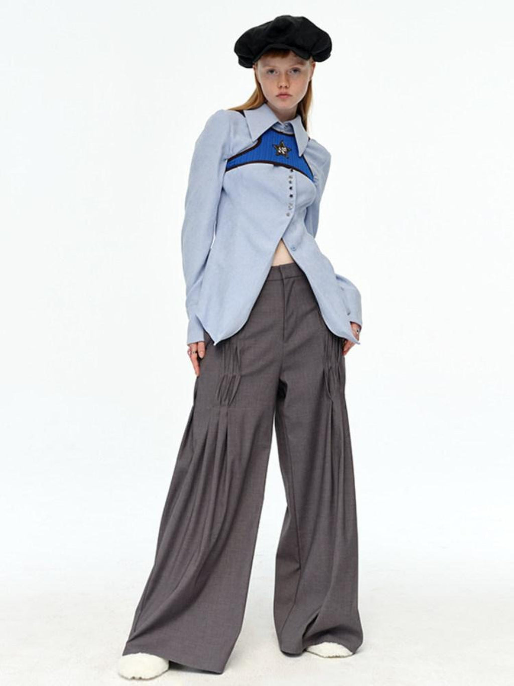 NextPassport MOF Gray Waist Tie Low Rise Wide Leg Women's Polyester Pleated Pants