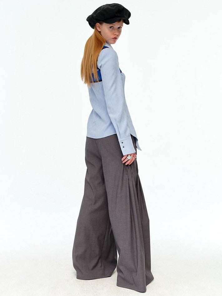 NextPassport MOF Gray Waist Tie Low Rise Wide Leg Women's Polyester Pleated Pants