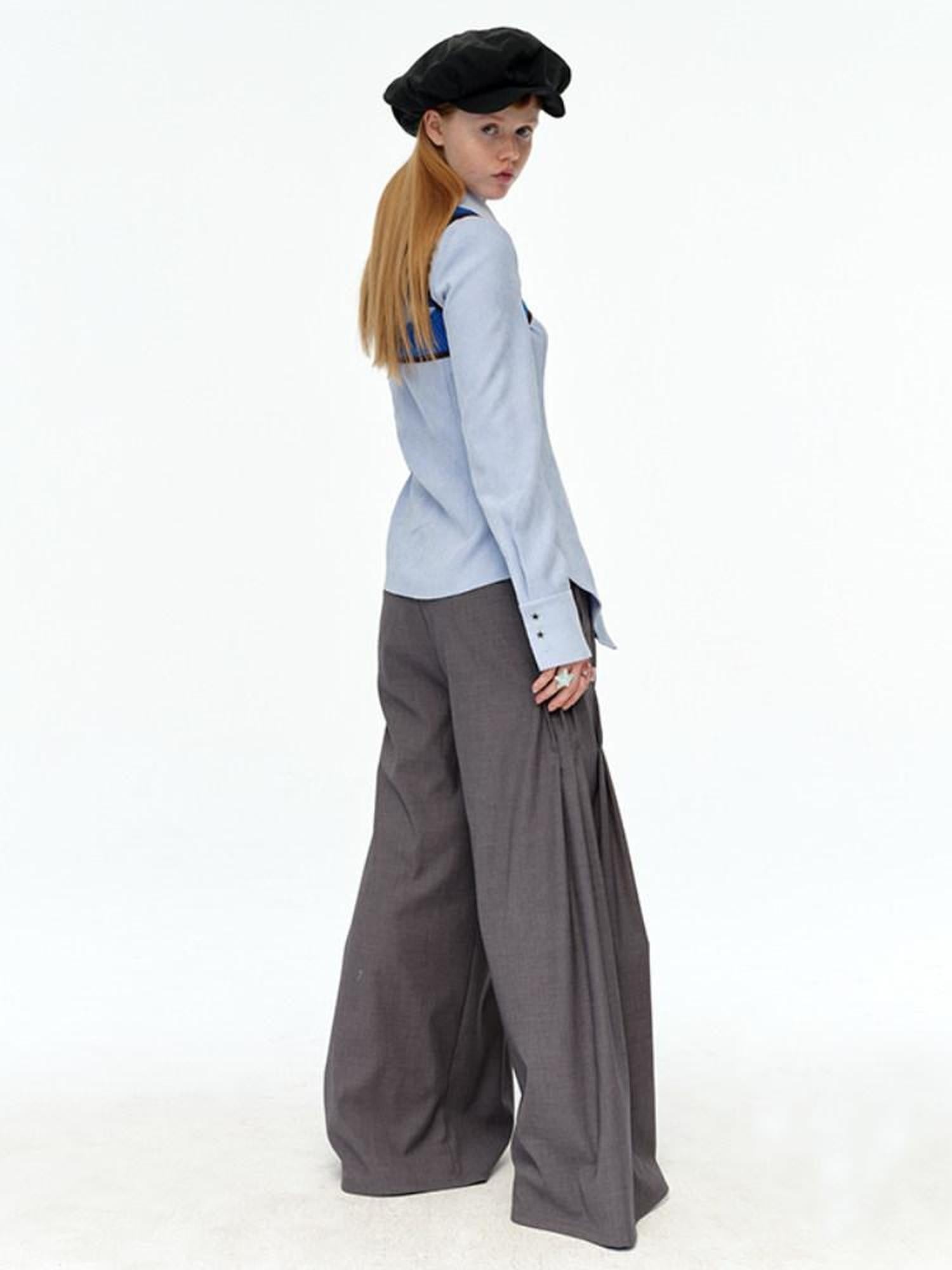 NextPassport MOF Gray Waist Tie Low Rise Wide Leg Women's Polyester Pleated Pants