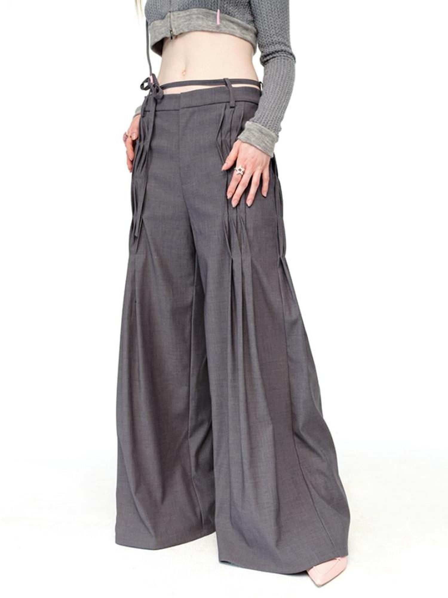 NextPassport MOF Gray Waist Tie Low Rise Wide Leg Women's Polyester Pleated Pants