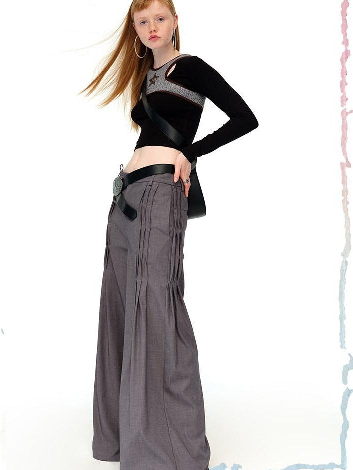 NextPassport MOF Gray Waist Tie Low Rise Wide Leg Women's Polyester Pleated Pants