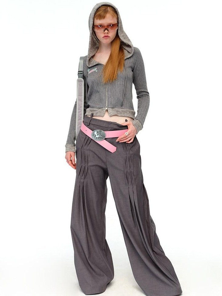 NextPassport MOF Gray Waist Tie Low Rise Wide Leg Women's Polyester Pleated Pants