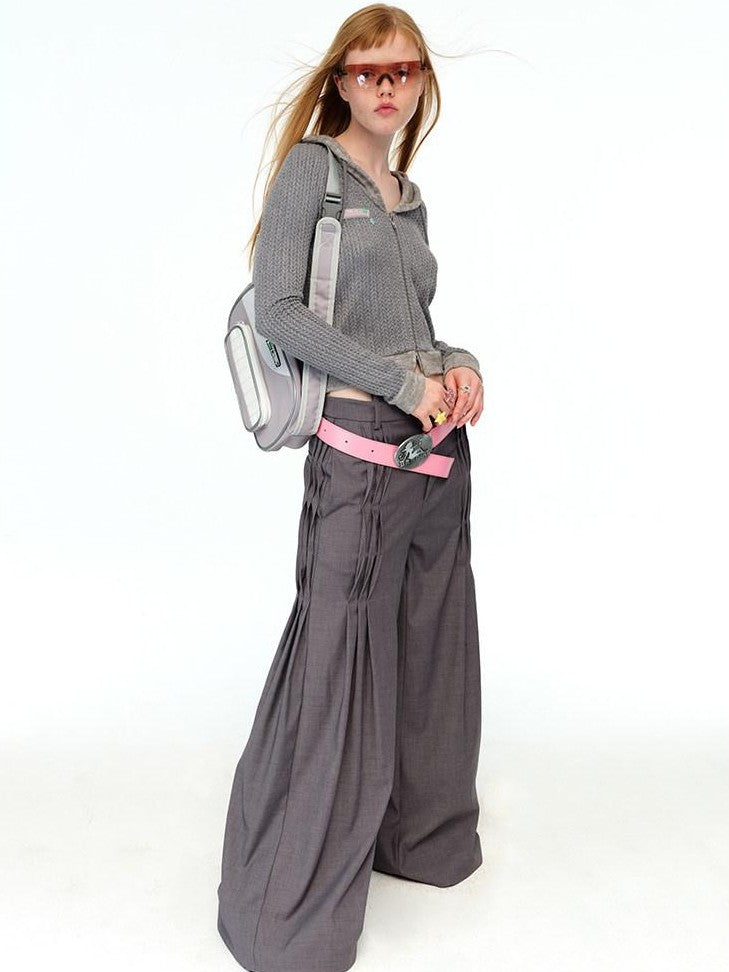 NextPassport MOF Gray Waist Tie Low Rise Wide Leg Women's Polyester Pleated Pants