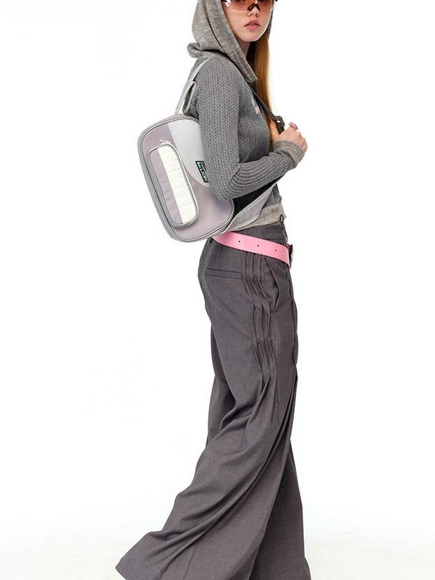 NextPassport MOF Gray Waist Tie Low Rise Wide Leg Women's Polyester Pleated Pants