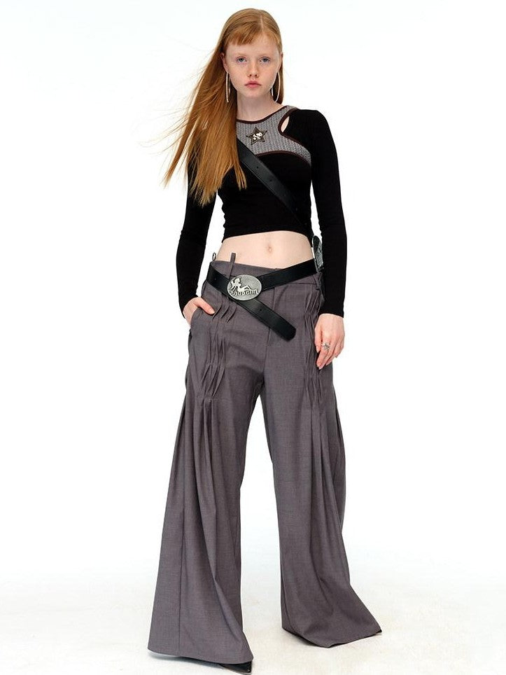 NextPassport MOF Gray Waist Tie Low Rise Wide Leg Women's Polyester Pleated Pants