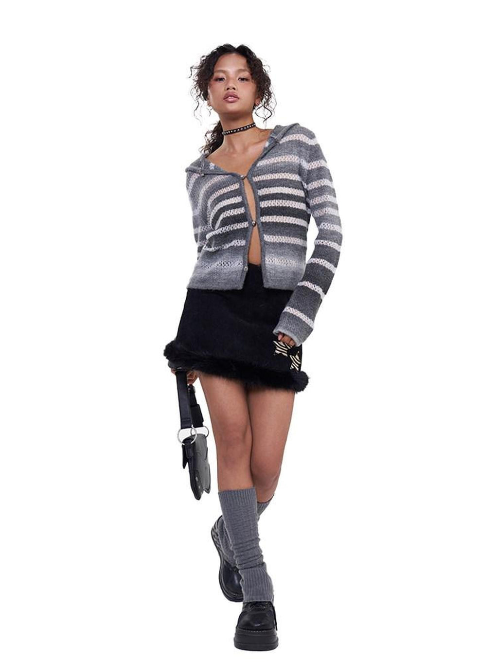 NextPassport MOF Gray White Ombre Stripe Hooded Buttoned Slim Fit Women's Knitted Cardigans