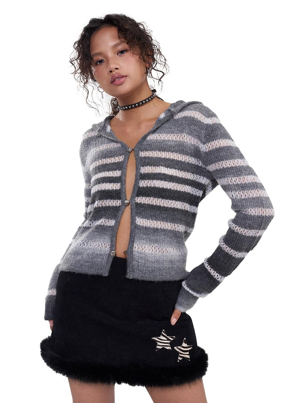 NextPassport MOF Gray White Ombre Stripe Hooded Buttoned Slim Fit Women's Knitted Cardigans