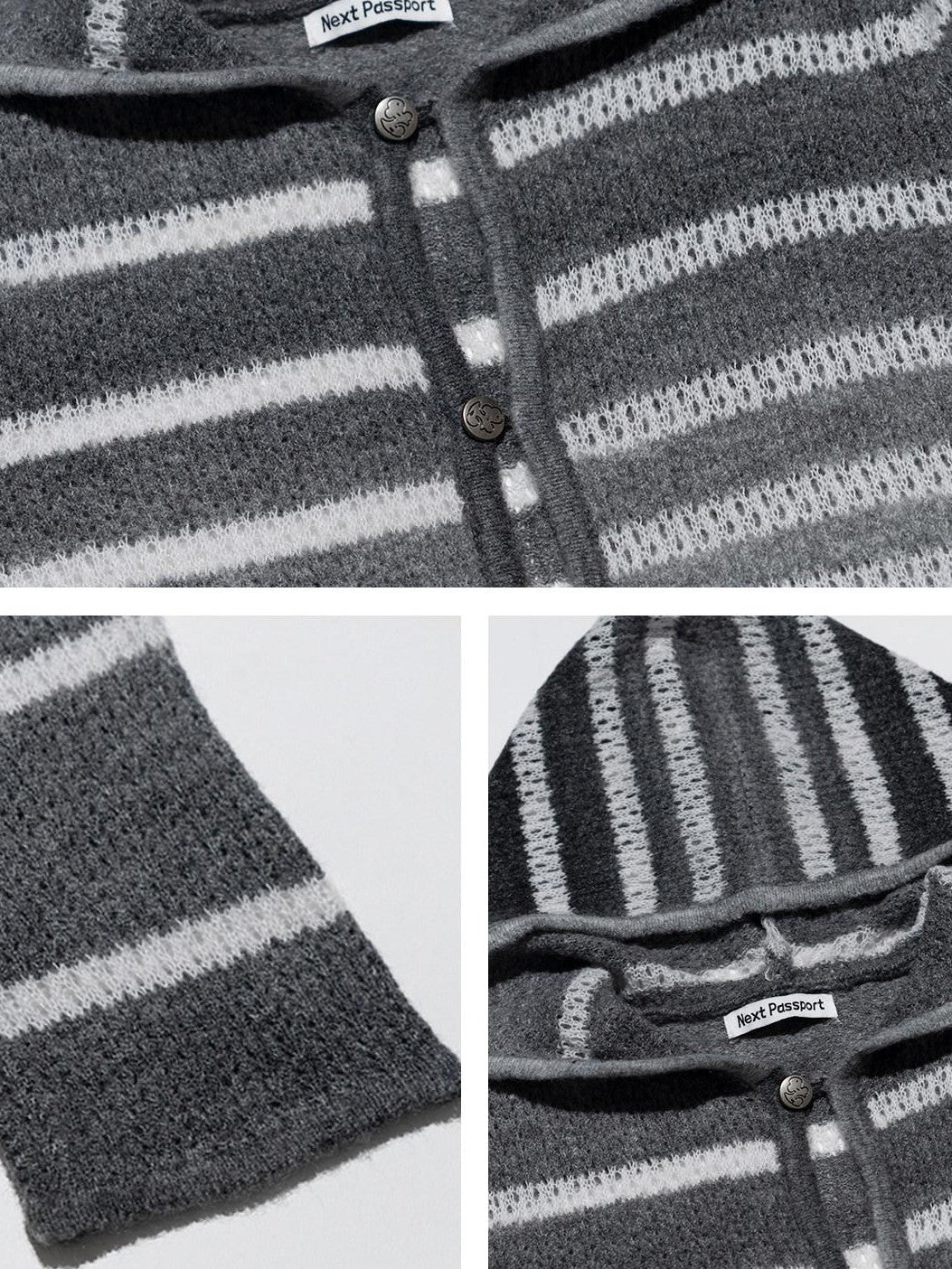 NextPassport MOF Gray White Ombre Stripe Hooded Buttoned Slim Fit Women's Knitted Cardigans