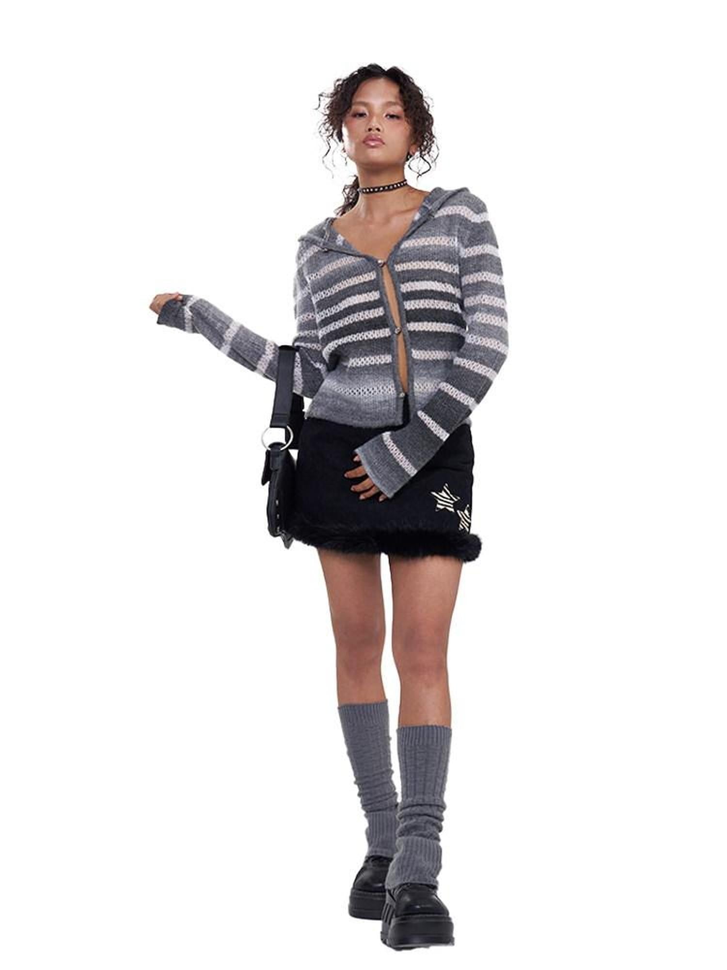 NextPassport MOF Gray White Ombre Stripe Hooded Buttoned Slim Fit Women's Knitted Cardigans