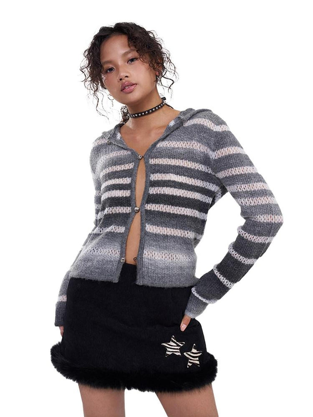 NextPassport MOF Gray White Ombre Stripe Hooded Buttoned Slim Fit Women's Knitted Cardigans