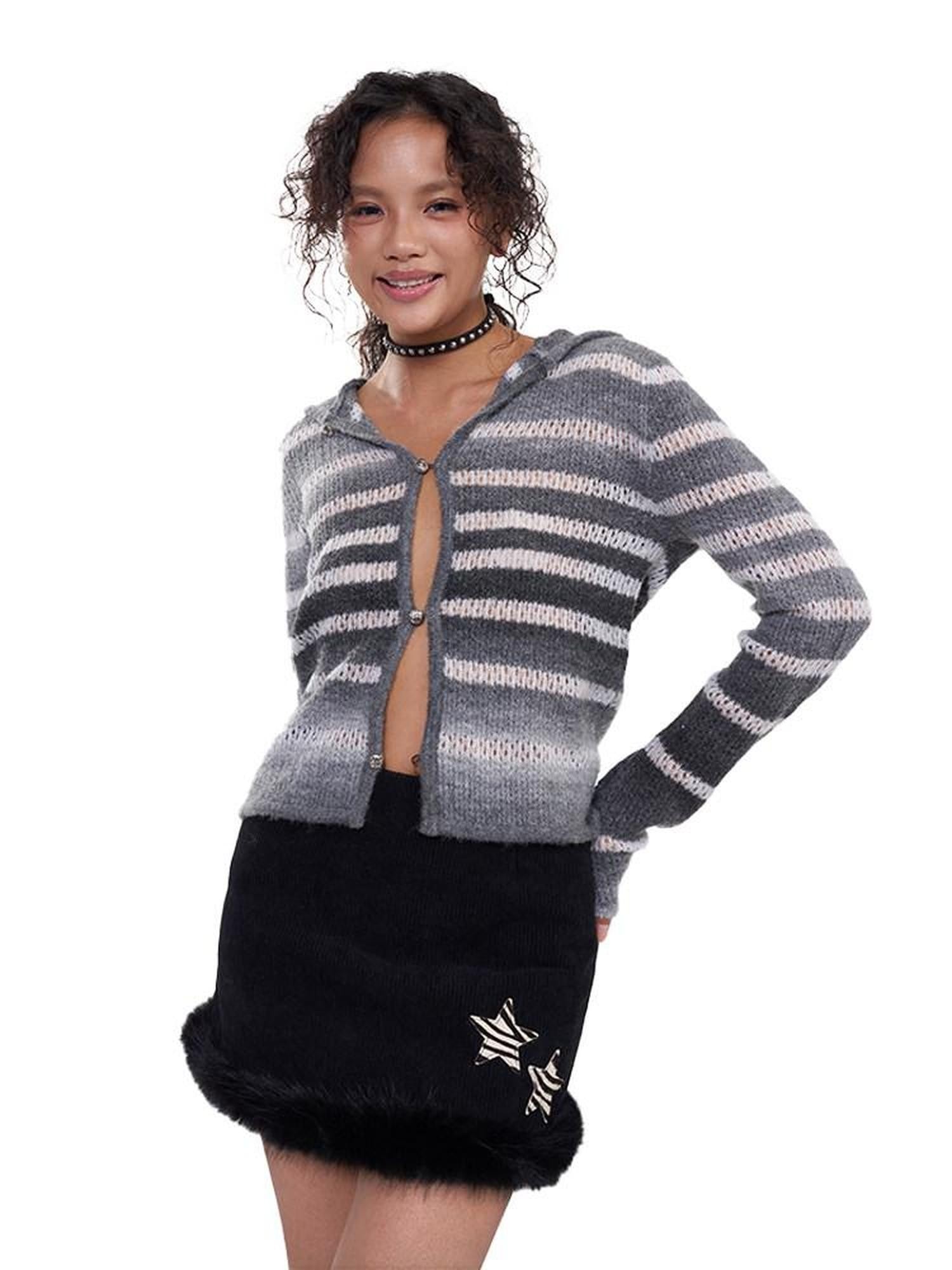 NextPassport MOF Gray White Ombre Stripe Hooded Buttoned Slim Fit Women's Knitted Cardigans