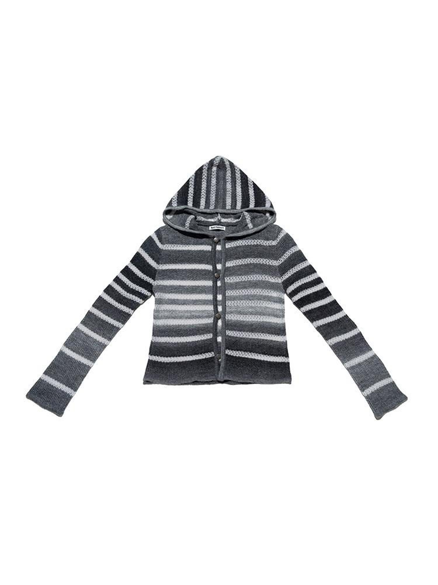 NextPassport MOF Gray White Ombre Stripe Hooded Buttoned Slim Fit Women's Knitted Cardigans
