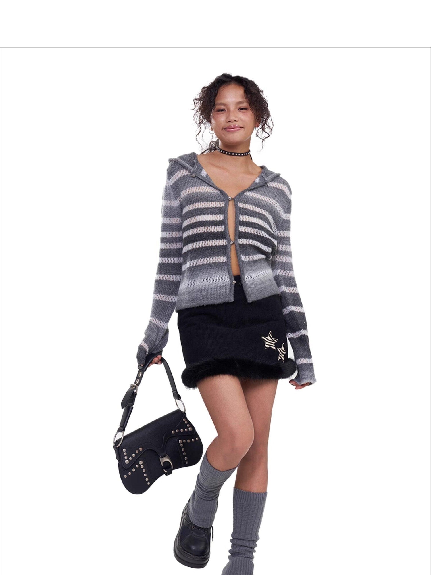 NextPassport MOF Gray White Ombre Stripe Hooded Buttoned Slim Fit Women's Knitted Cardigans