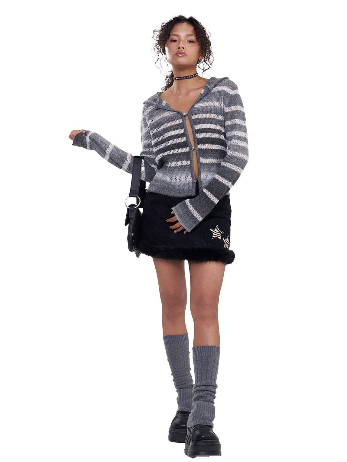 NextPassport MOF Gray White Ombre Stripe Hooded Buttoned Slim Fit Women's Knitted Cardigans