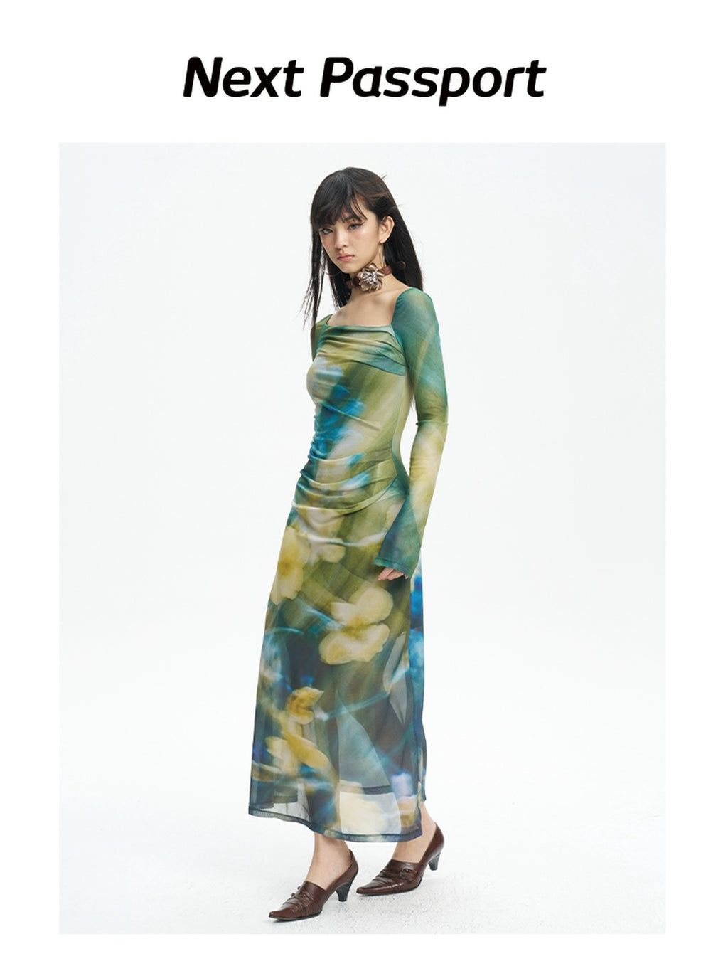 NextPassport MOF Green New Chinese Style Water Floral Mesh Women's Tulle Casual Maxi Dresses