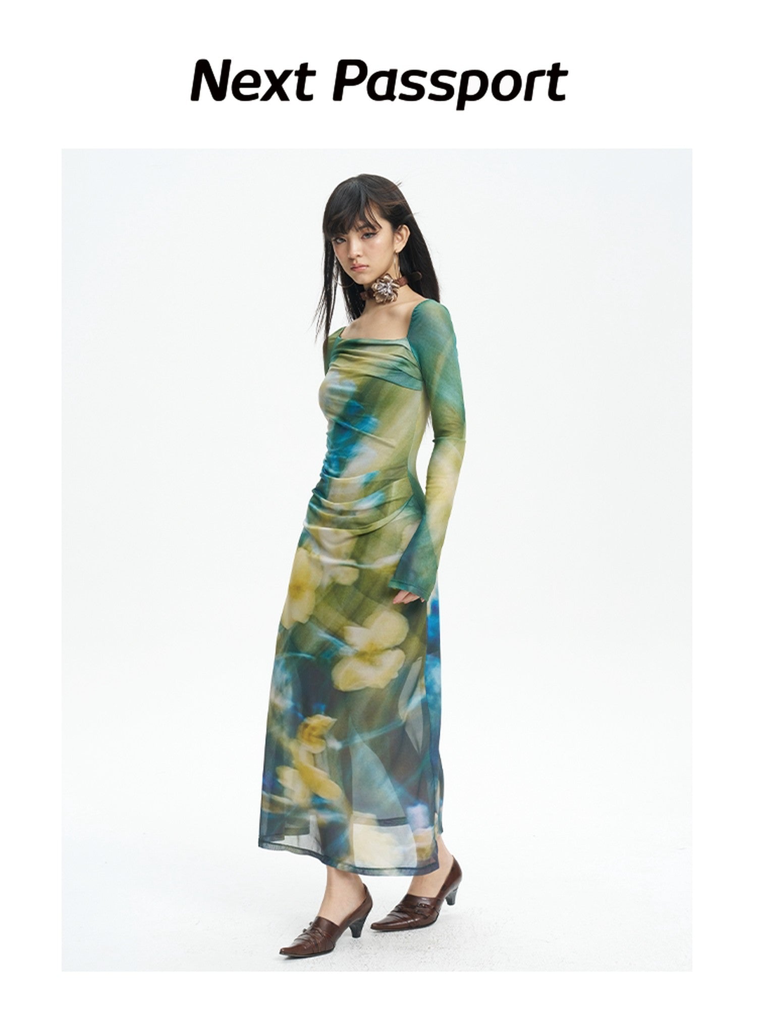 NextPassport MOF Green New Chinese Style Water Floral Mesh Women's Tulle Casual Maxi Dresses
