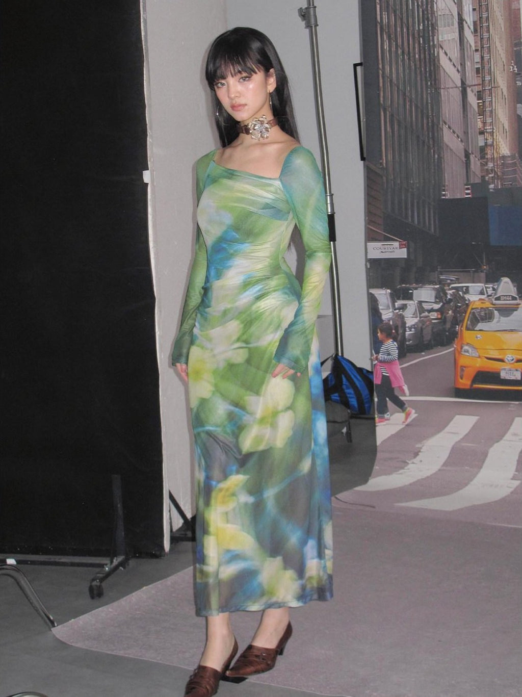 NextPassport MOF Green New Chinese Style Water Floral Mesh Women's Tulle Casual Maxi Dresses