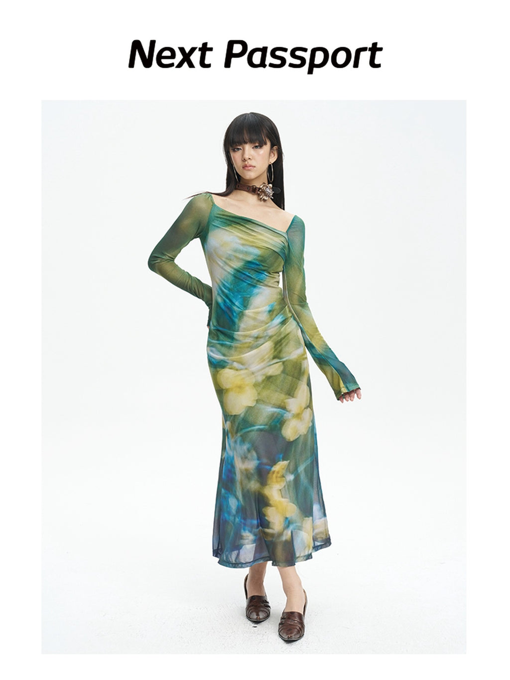 NextPassport MOF Green New Chinese Style Water Floral Mesh Women's Tulle Casual Maxi Dresses