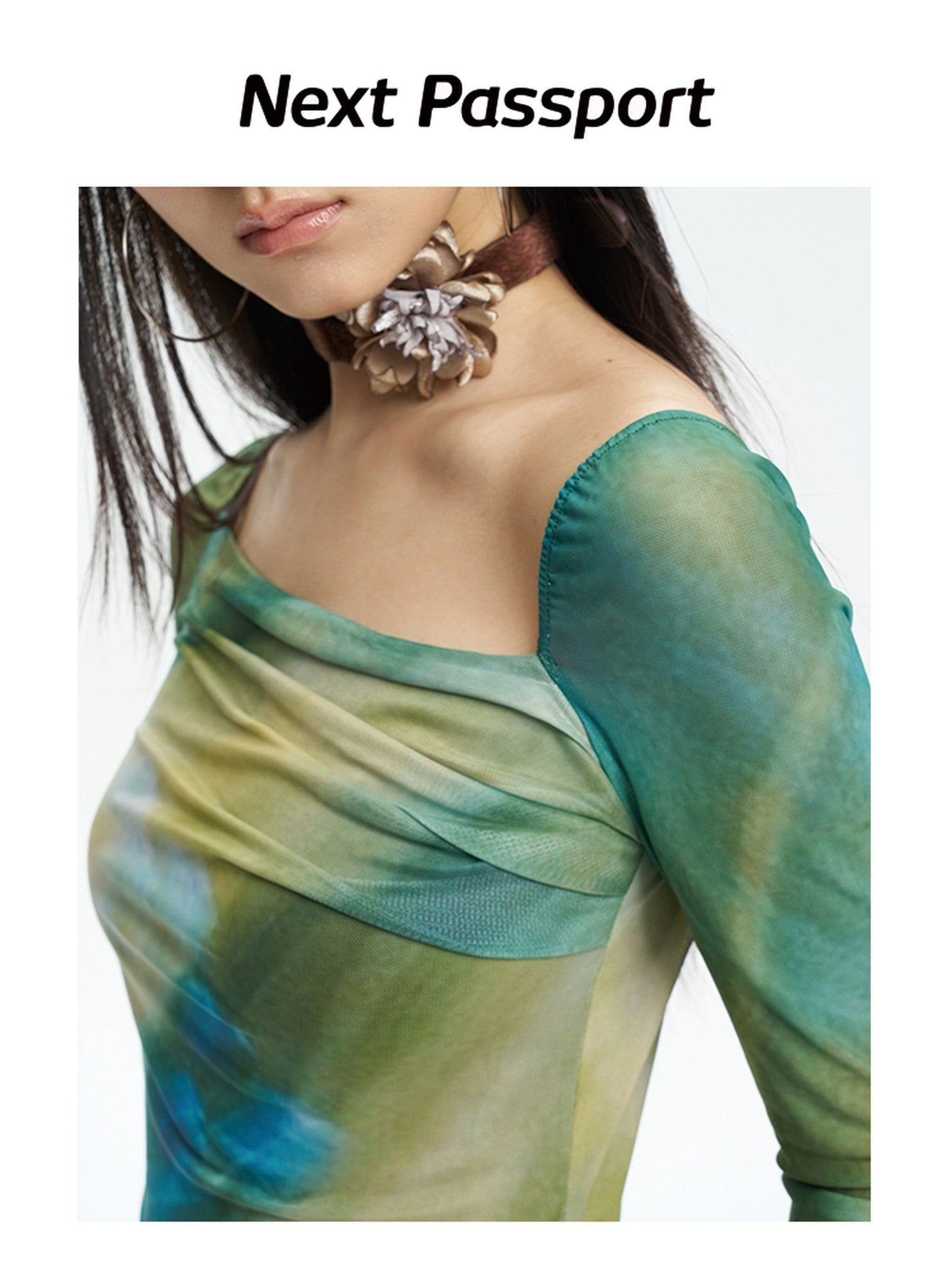 NextPassport MOF Green New Chinese Style Water Floral Mesh Women's Tulle Casual Maxi Dresses