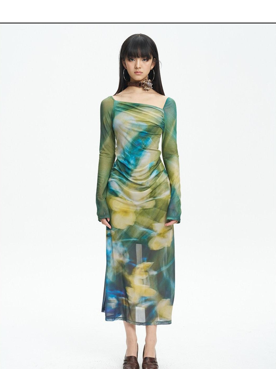 NextPassport MOF Green New Chinese Style Water Floral Mesh Women's Tulle Casual Maxi Dresses
