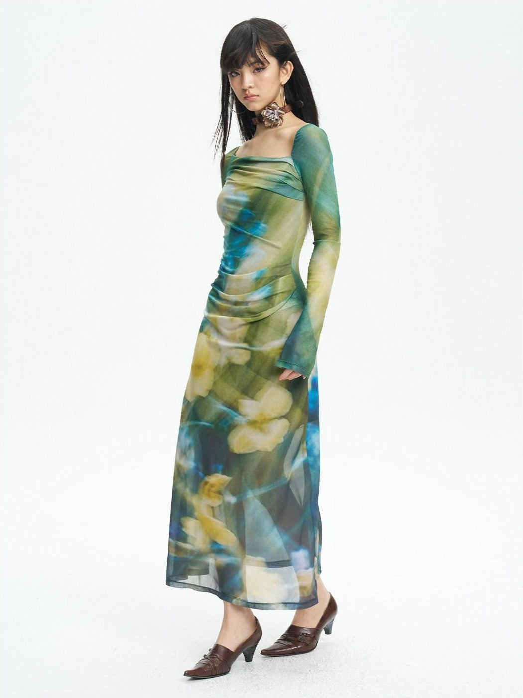 NextPassport MOF Green New Chinese Style Water Floral Mesh Women's Tulle Casual Maxi Dresses
