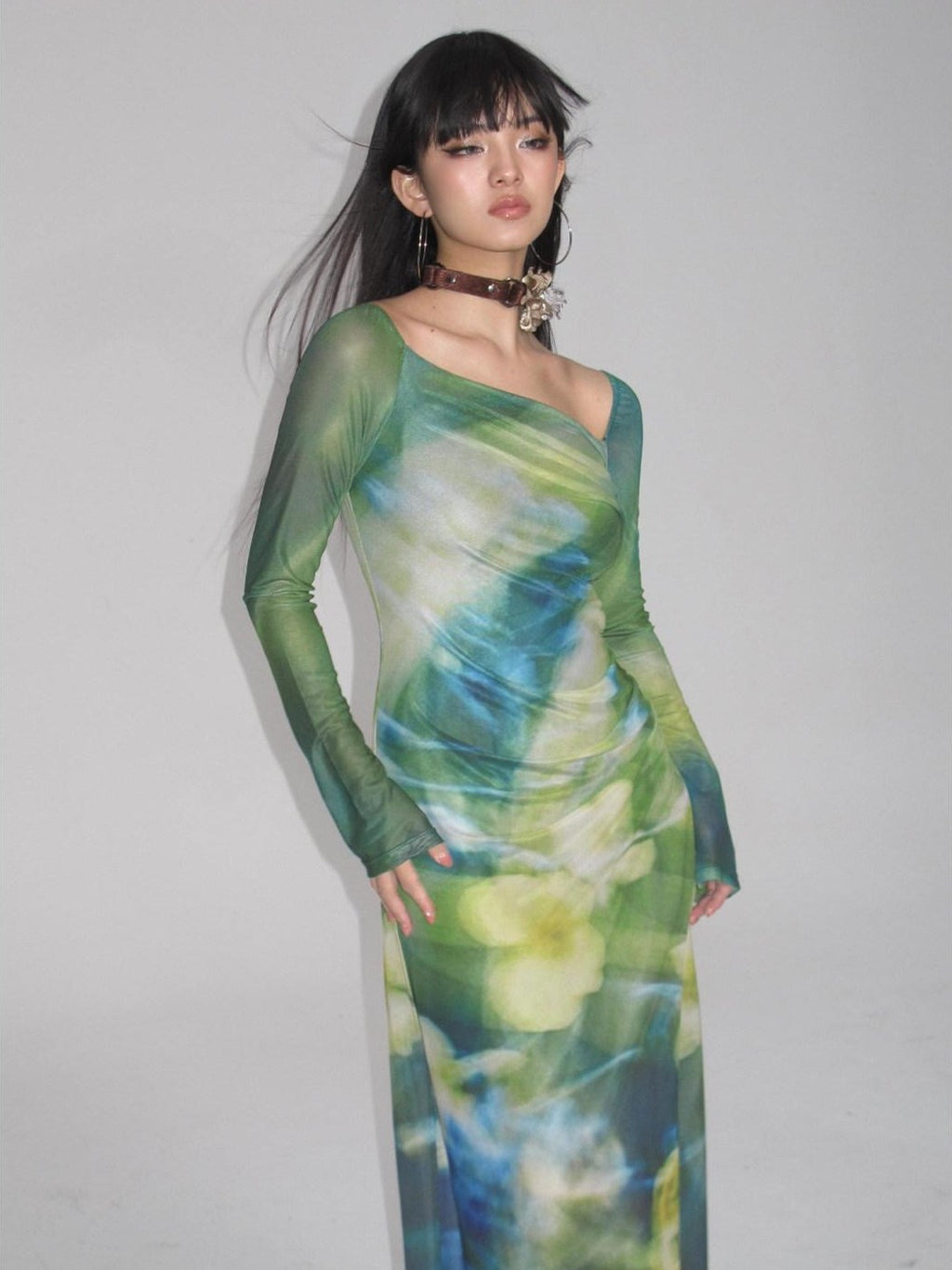 NextPassport MOF Green New Chinese Style Water Floral Mesh Women's Tulle Casual Maxi Dresses