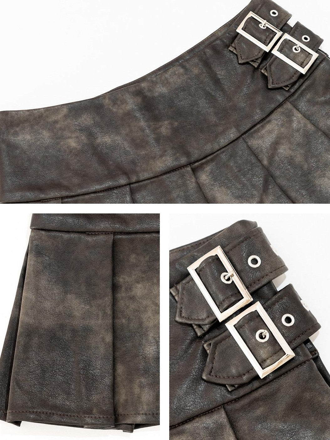 NextPassport MOF Grey Brown Ombre Wide Pleated Double Belt Women's Pu Leather Skirts