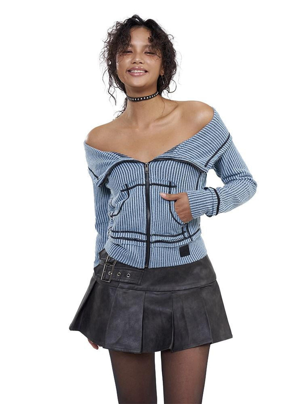 NextPassport MOF Grey Brown Ombre Wide Pleated Double Belt Women's Pu Leather Skirts