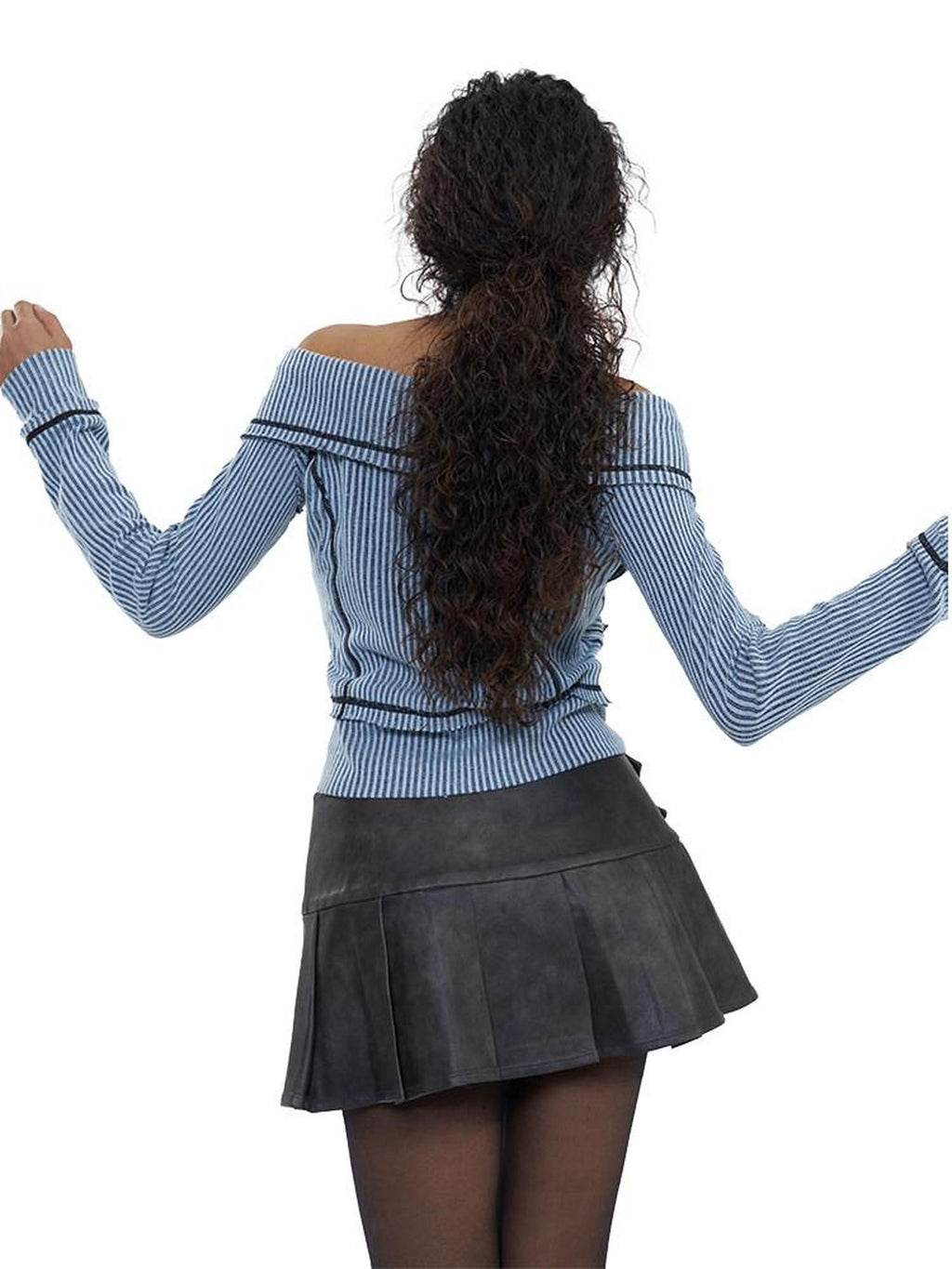 NextPassport MOF Grey Brown Ombre Wide Pleated Double Belt Women's Pu Leather Skirts