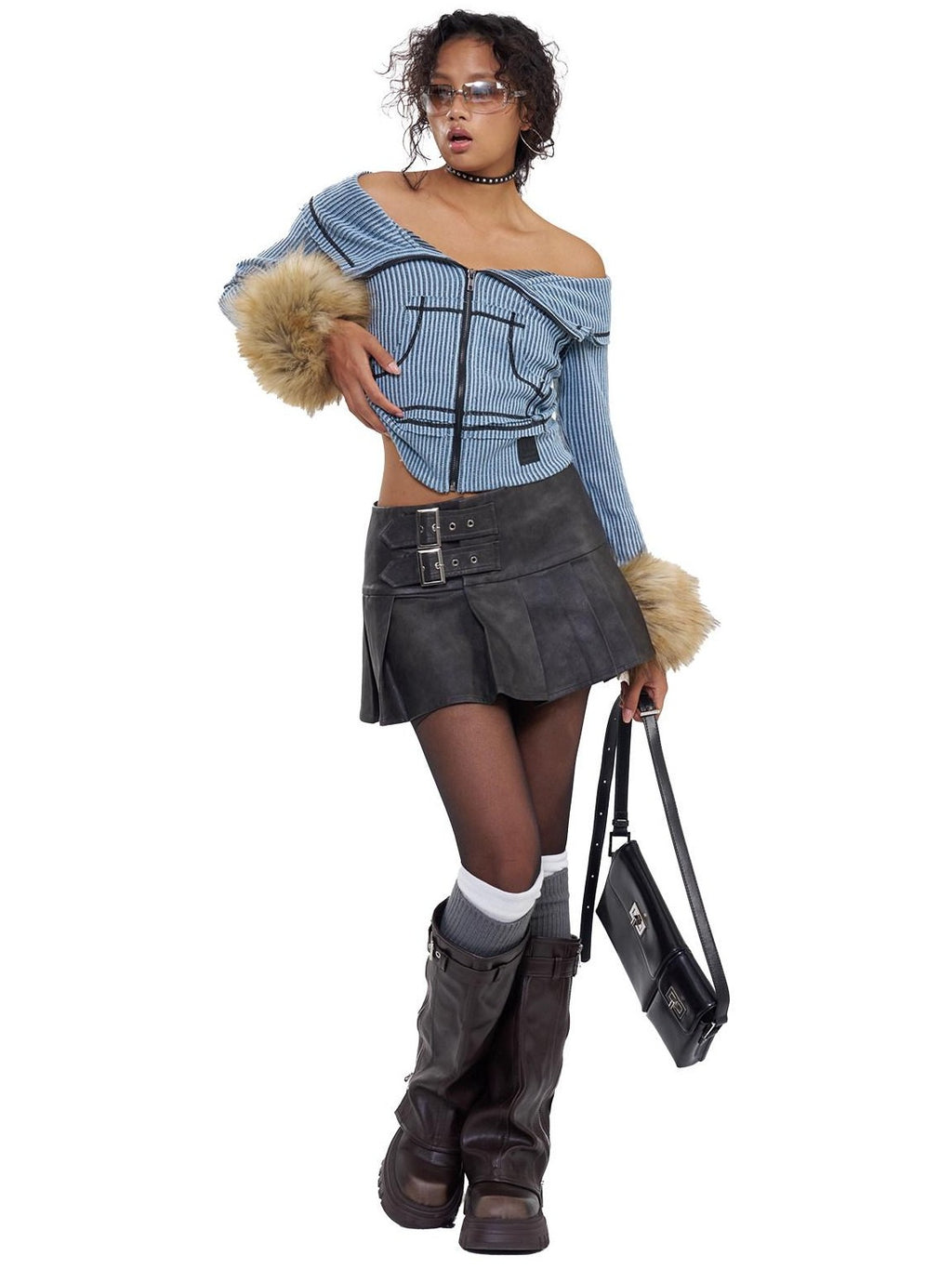 NextPassport MOF Grey Brown Ombre Wide Pleated Double Belt Women's Pu Leather Skirts