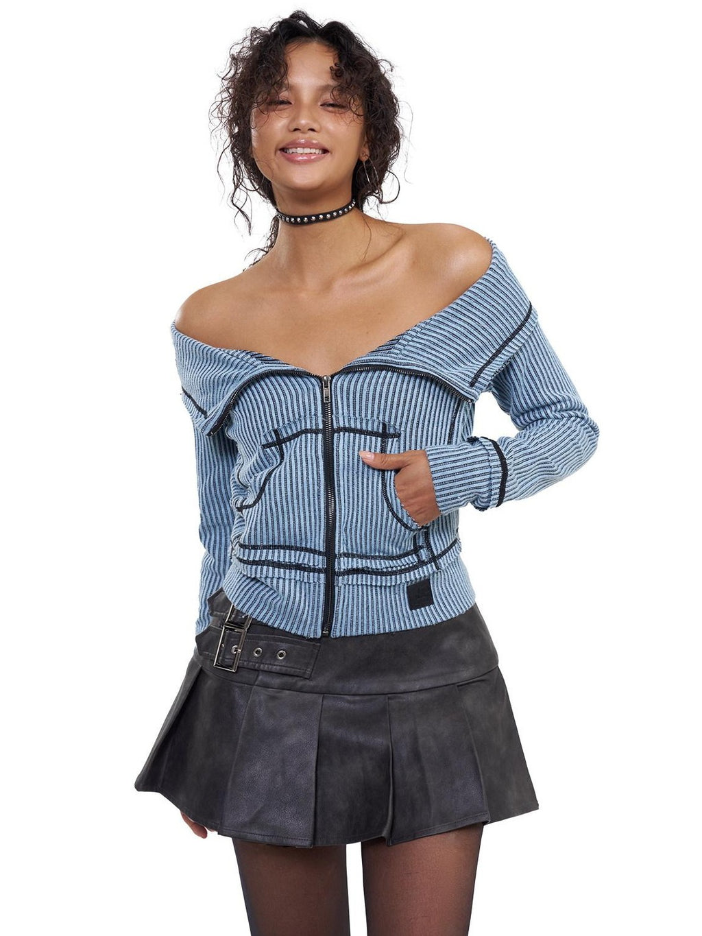 NextPassport MOF Grey Brown Ombre Wide Pleated Double Belt Women's Pu Leather Skirts